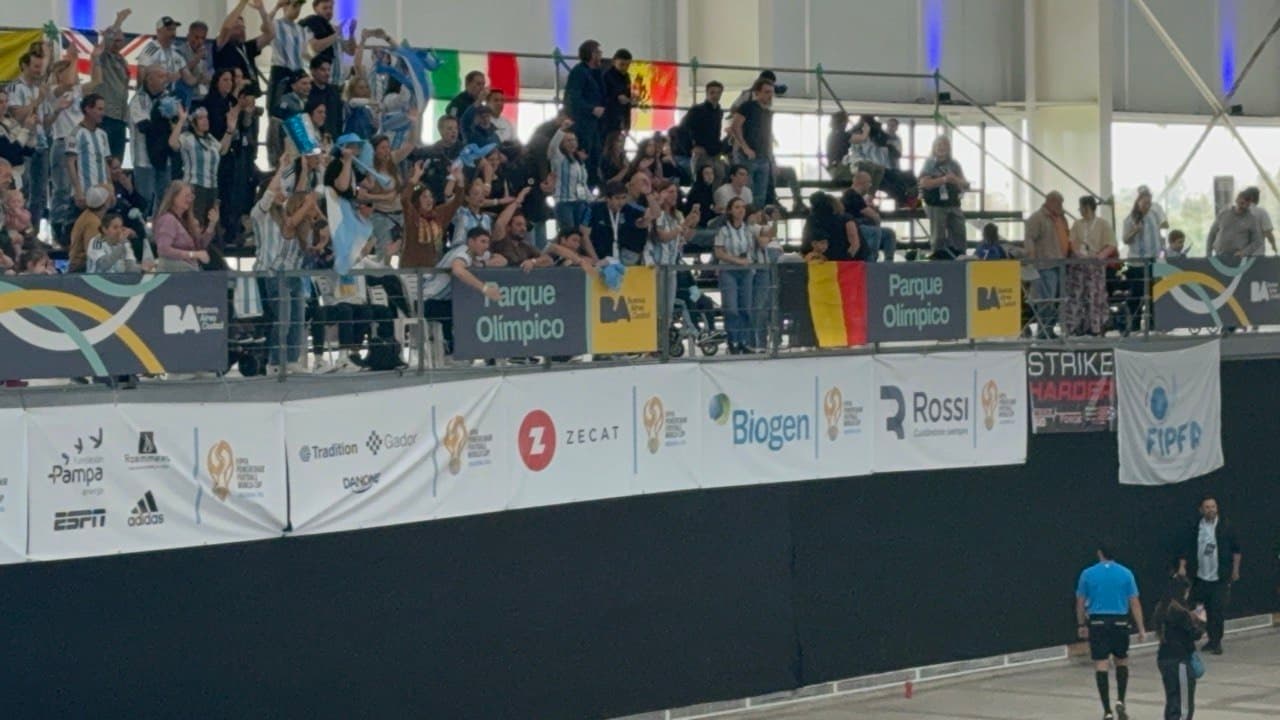 Wide view of the crowd, flags, and court at Parque Olímpico during the World Cup